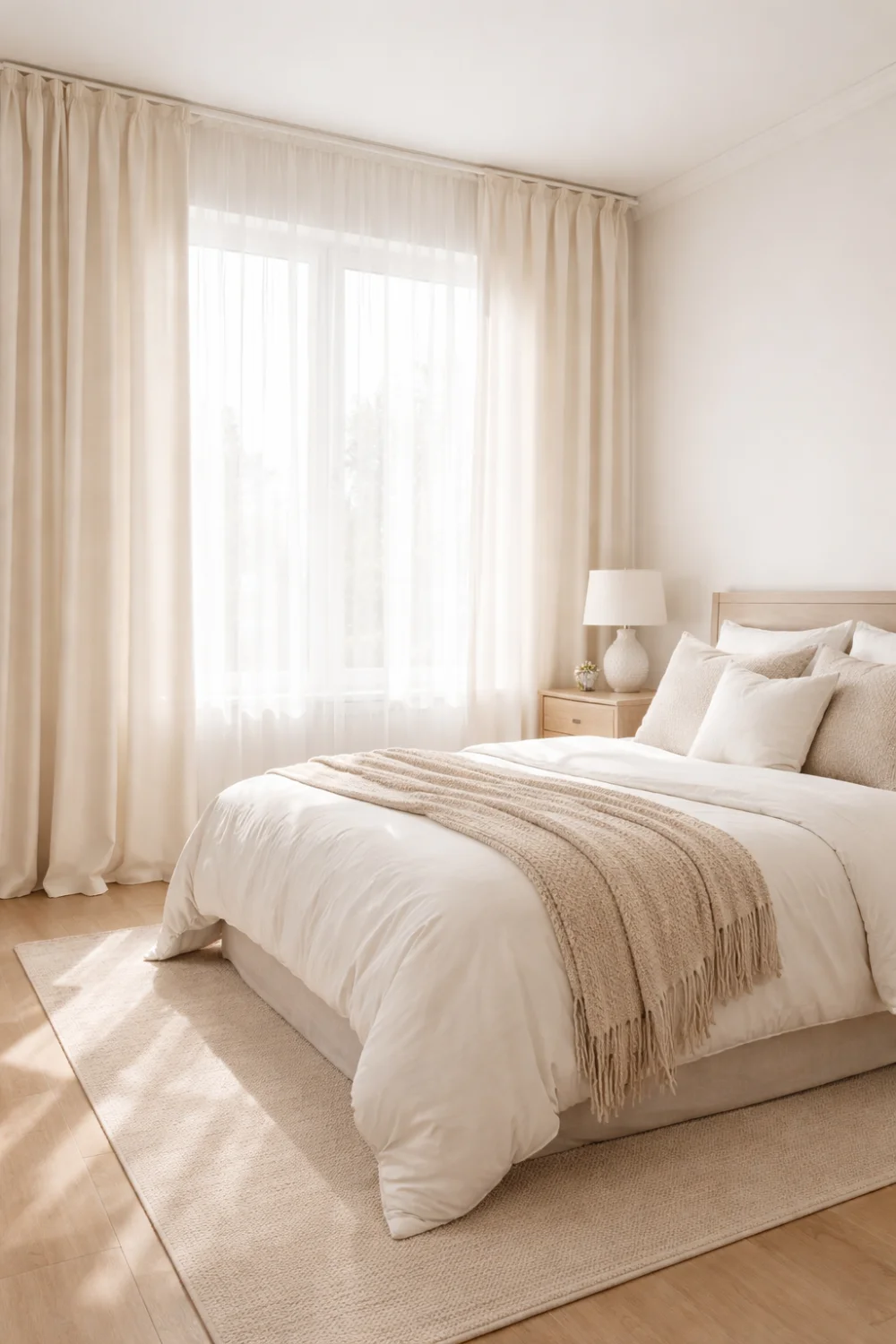 floor to ceiling curtains bedroom neutral decor soft light cozy bed renter friendly window styling modern aesthetic