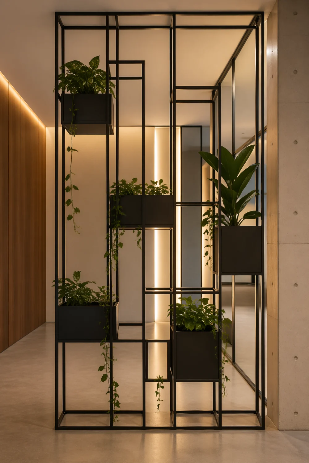 geometric metal frame plant stand modern indoor plant installation architectural decor