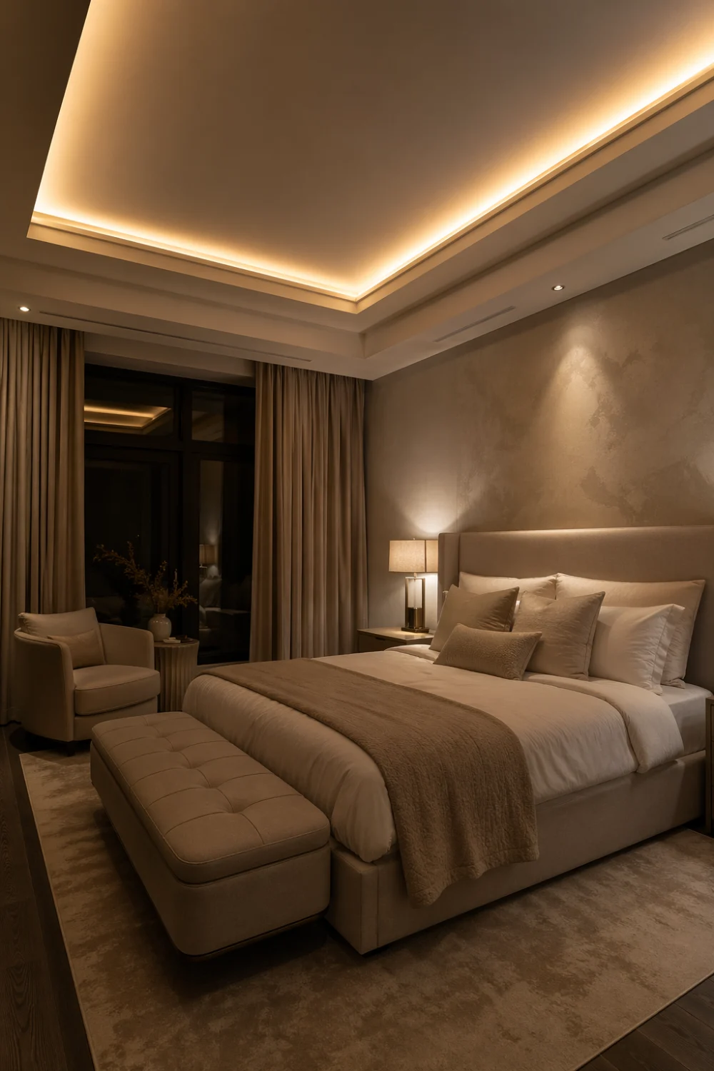 modern bedroom with LED cove ceiling lighting, soft warm glow, neutral tones, luxury bedding, ambient lighting, modern false ceiling design