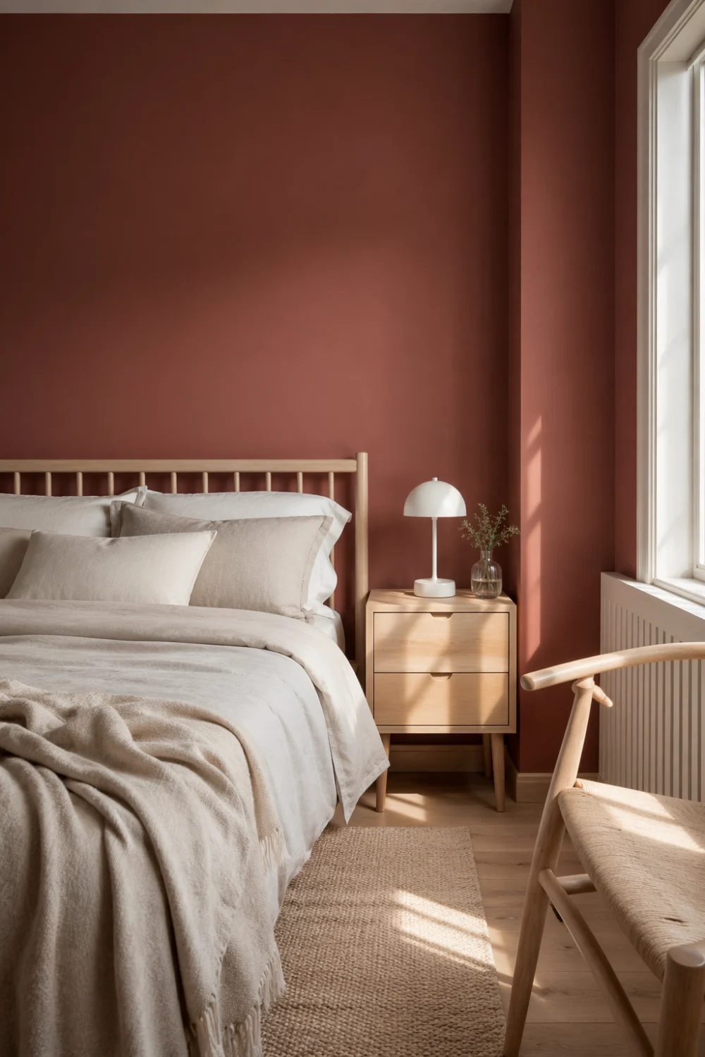 muted cherry red bedroom light wood furniture neutral bedding soft natural light minimalist cozy scandinavian interior