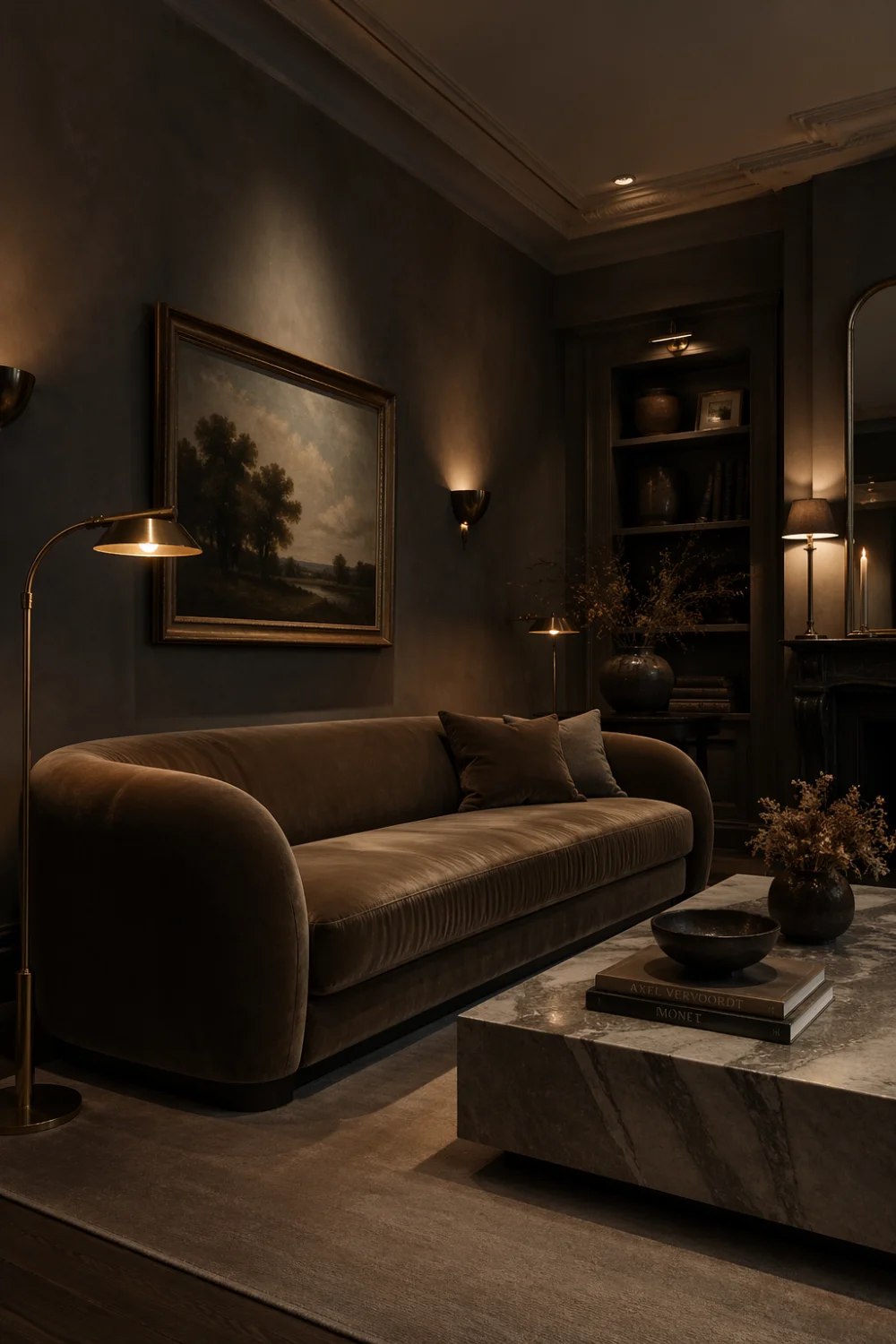 Moody French country living room with dark walls, velvet sofa, marble table, brass lighting and warm ambient glow