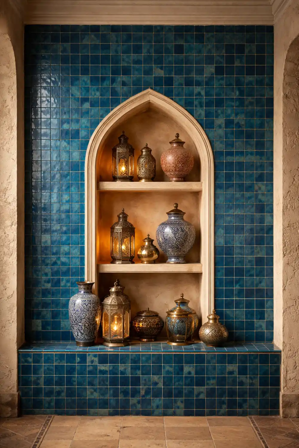 moroccan blue zellige wall with arched niche and decorative pottery warm lighting