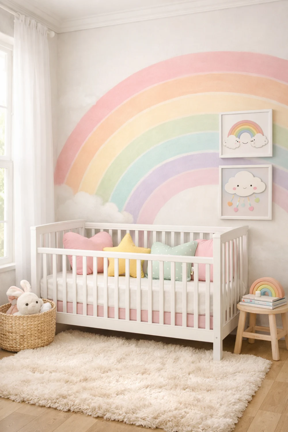 Pastel rainbow nursery decor with soft rainbow wall mural, white baby crib, pastel pillows, cloud artwork, and cozy rug creating a dreamy rainbow themed nursery.