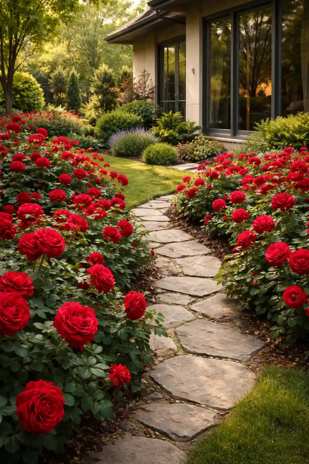 Curved stone garden pathway surrounded by vibrant red rose bushes leading through a landscaped backyard garden near a modern home.