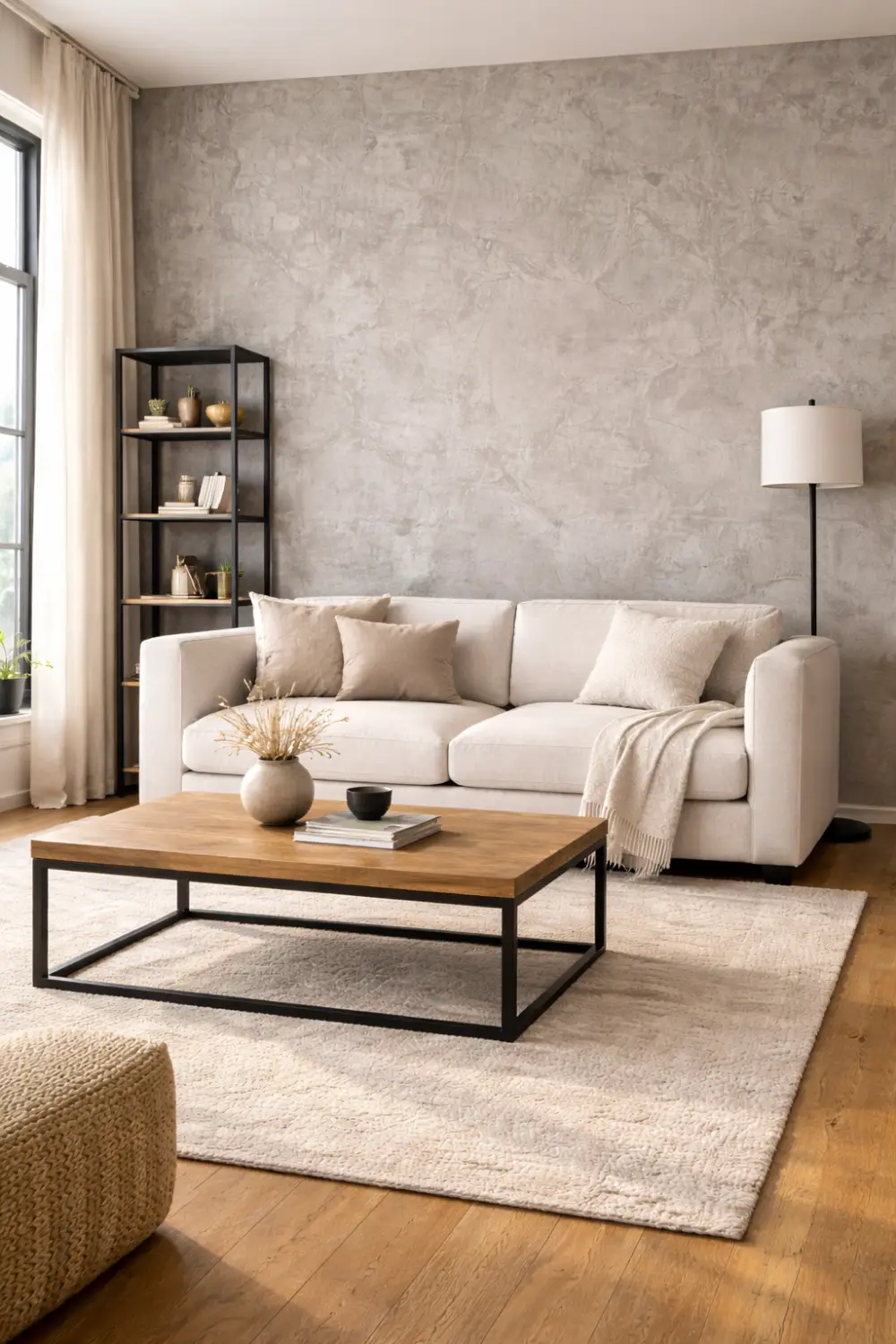 Modern living room interior with a gray concrete textured feature wall, minimalist sofa and wood coffee table creating a sleek industrial style space with subtle wall texture and contemporary decor.