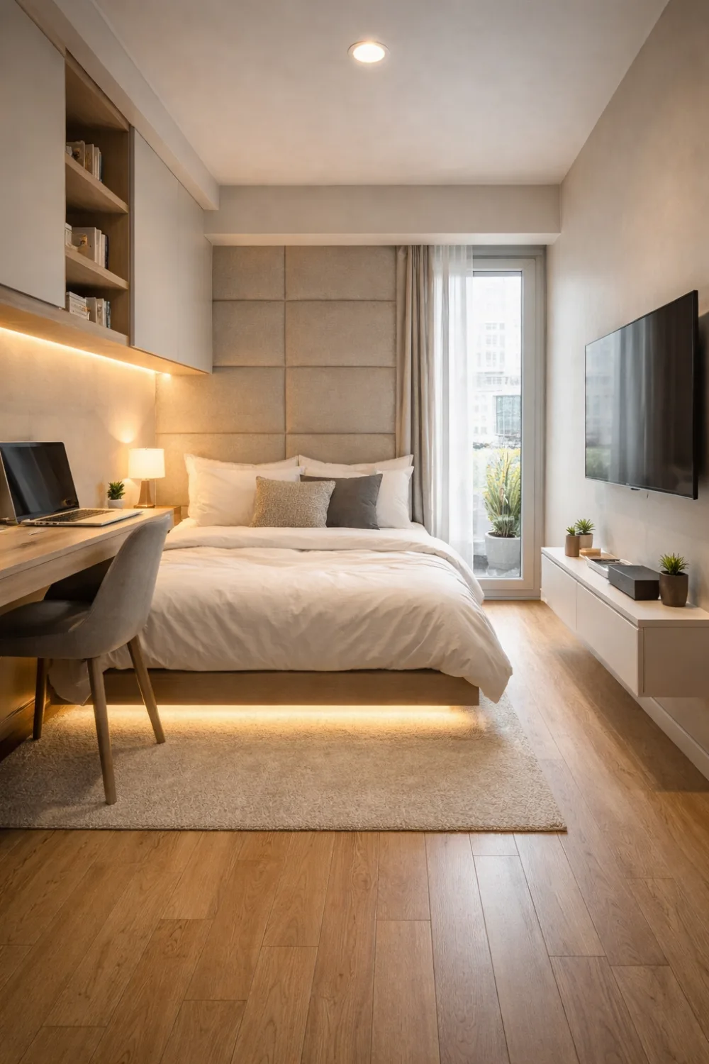 tiny bedroom with built in storage shelves and compact workspace modern small bedroom layout