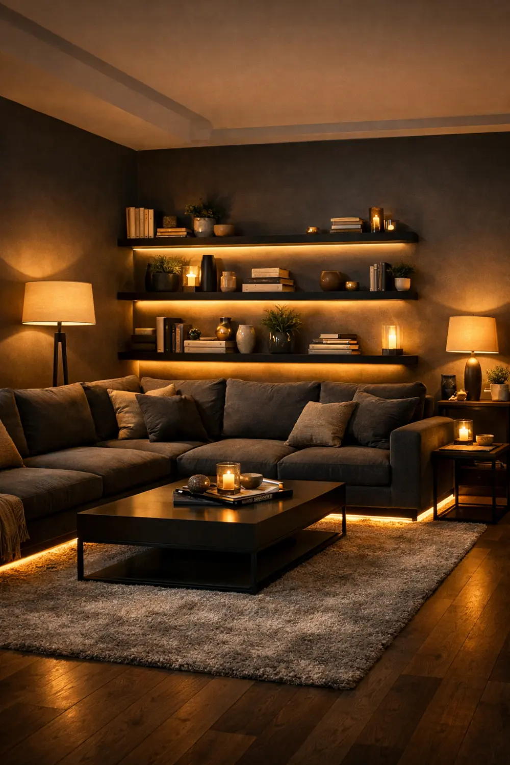 moody living room with warm ambient lighting floating shelves led lighting cozy modern dark interior design inspiration