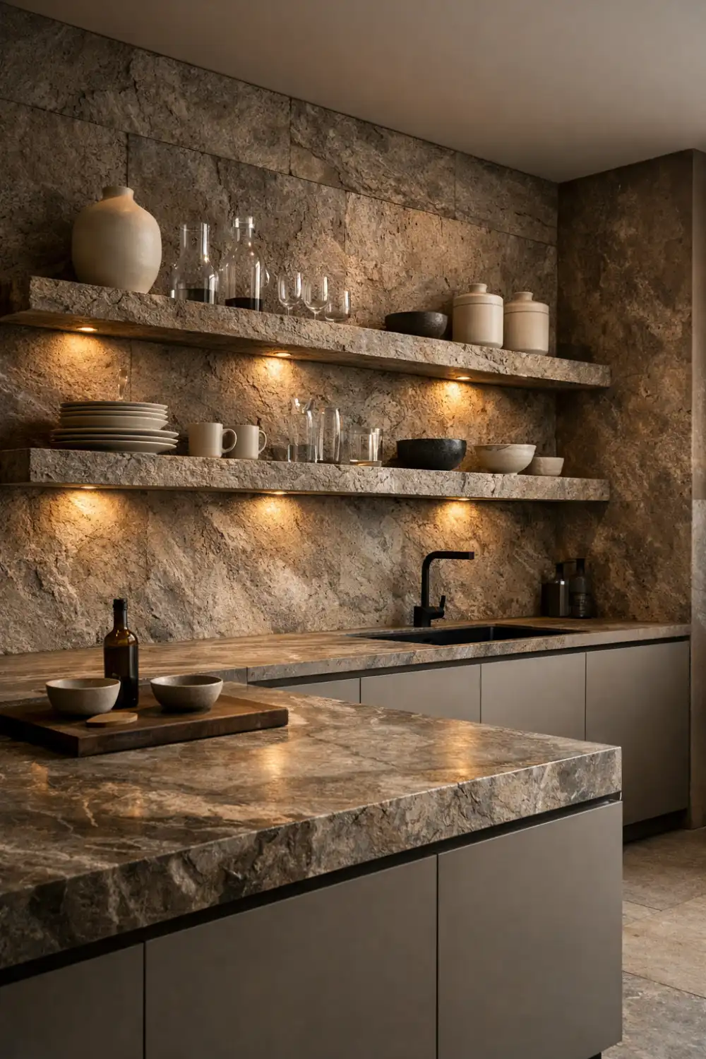 Modern kitchen with floating natural stone shelves and warm spotlight lighting displaying plates, bowls and glassware against a textured stone wall with contemporary cabinetry.