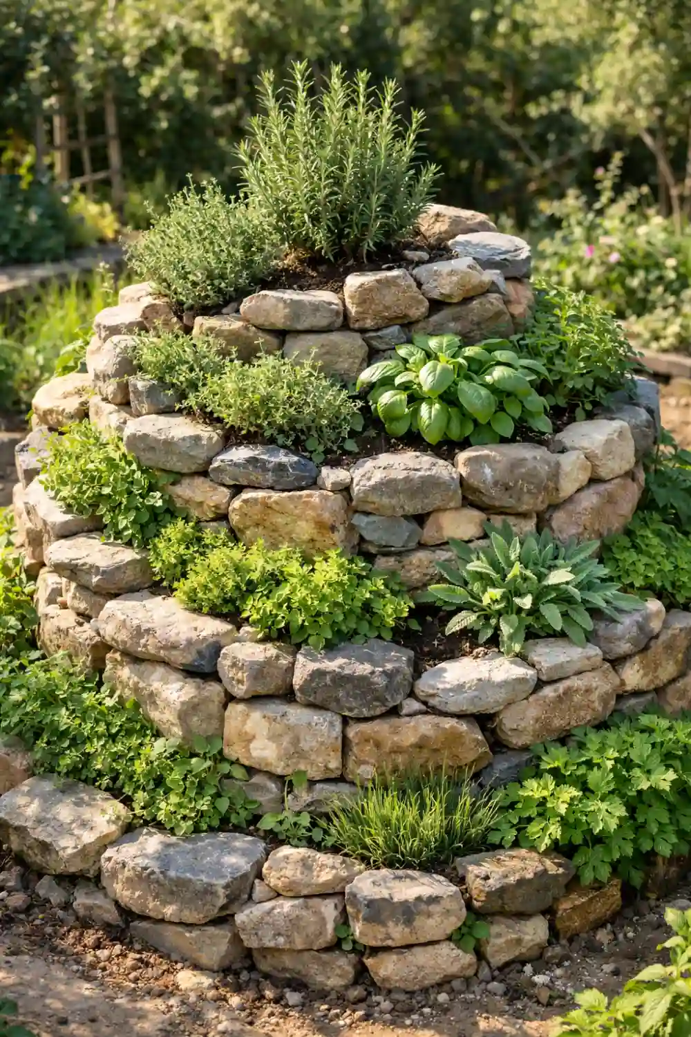 Stone herb spiral garden with rosemary basil thyme and sage growing in spiral rock planter design, creative permaculture herb garden idea for backyard