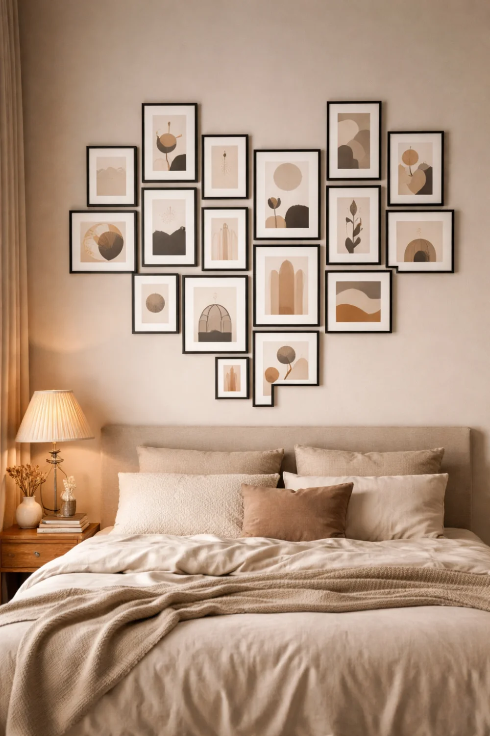 Heart shape gallery wall above bed with neutral abstract art prints arranged in a romantic heart layout using black frames