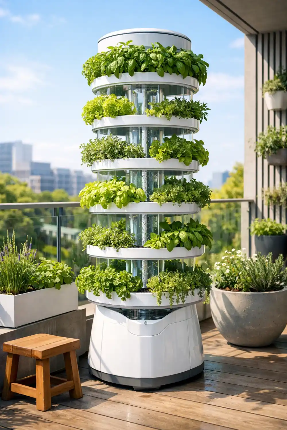 Modern hydroponic tower vertical garden growing herbs and leafy greens on a balcony in a compact stacked system.