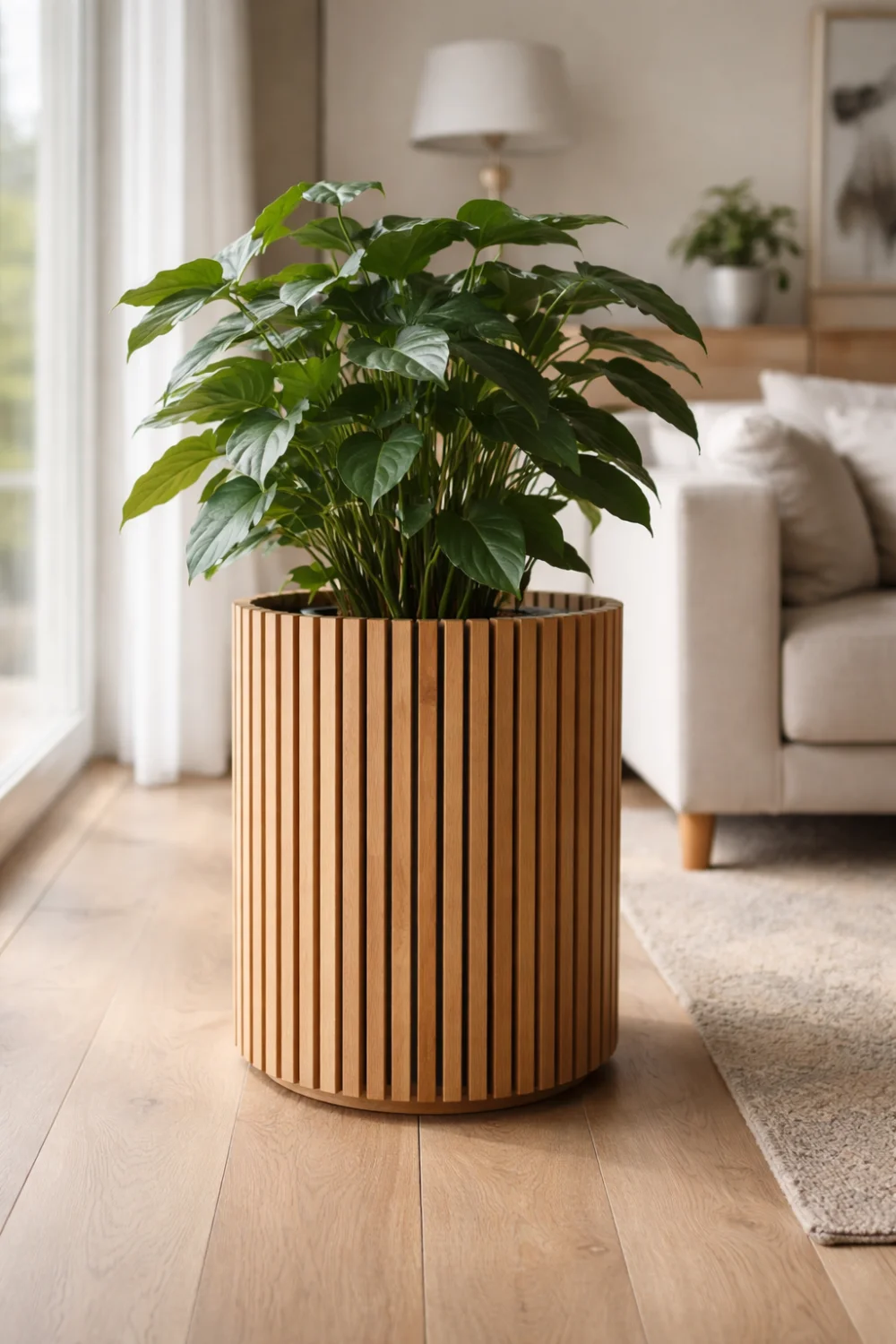 DIY wooden slat planter cover idea turning plastic plant pot into modern Scandinavian style designer planter decor