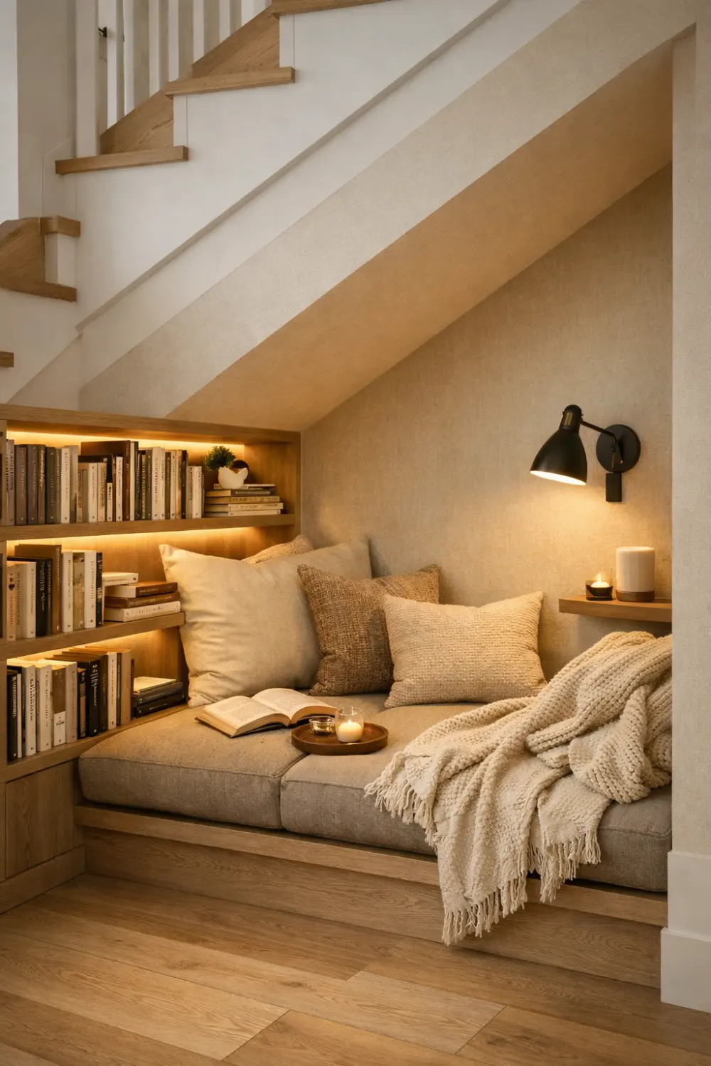 under stairs reading nook with built in bench shelves warm lighting cozy reading corner idea