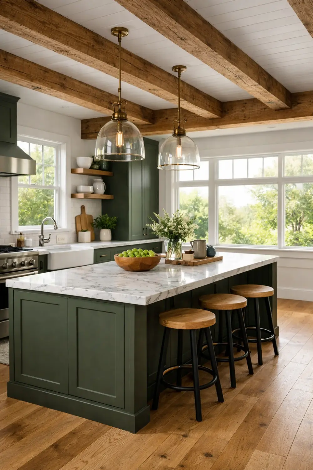 Modern cottage kitchen with exposed wooden beams, green cabinets, marble island, and large windows creating a cozy cottage interior.
