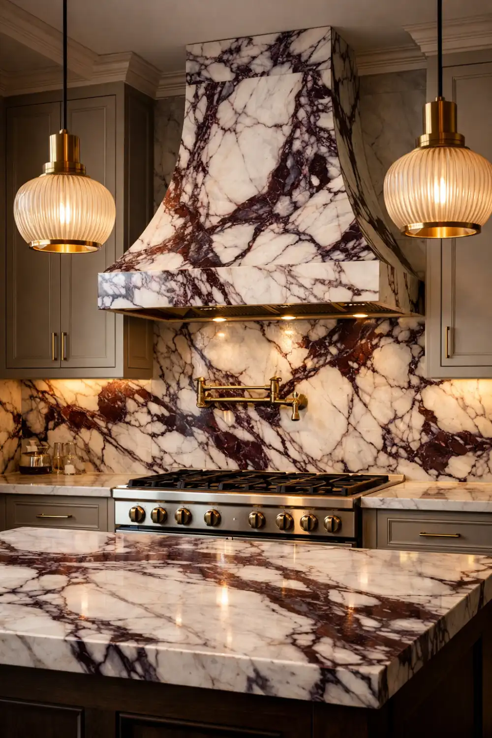Viola marble range hood kitchen with marble backsplash, gold accents, luxury stove, and modern interior styling