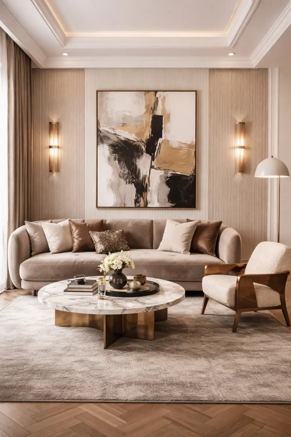 Elegant neutral small living room with curved sofa, marble coffee table, abstract wall art, and warm lighting creating a cozy luxury modern living room.