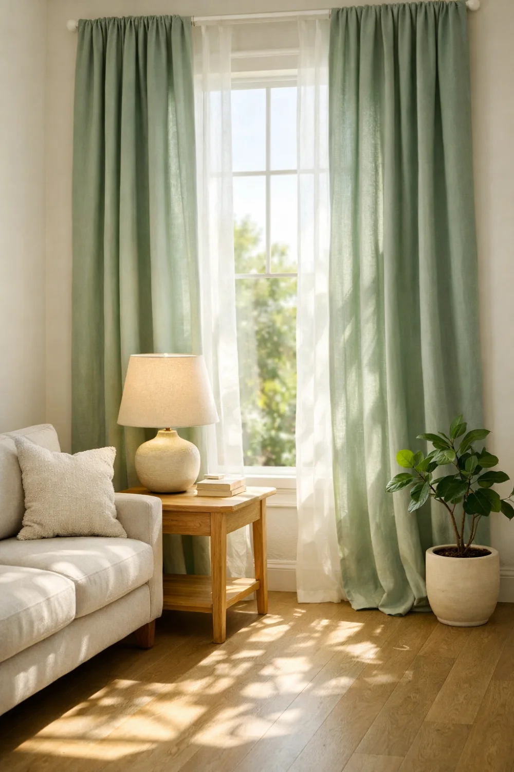 sage green curtains living room decor natural light neutral furniture cozy modern home interior inspiration