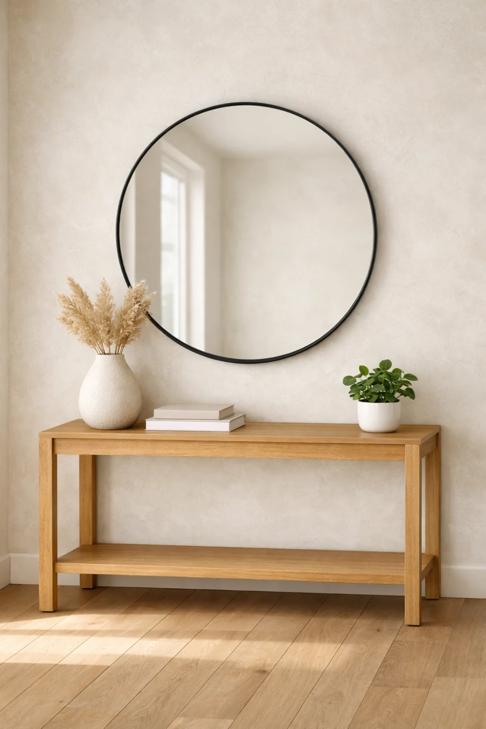 Modern entryway limewash wall with wooden console table, round mirror, minimalist decor, and textured neutral wall design