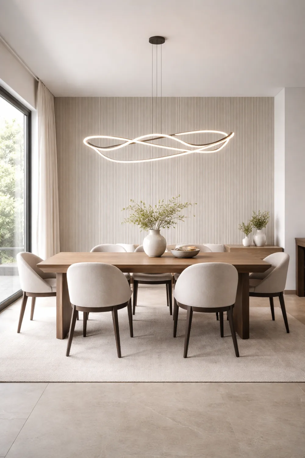 modern dining room fluted wall panel accent behind dining table