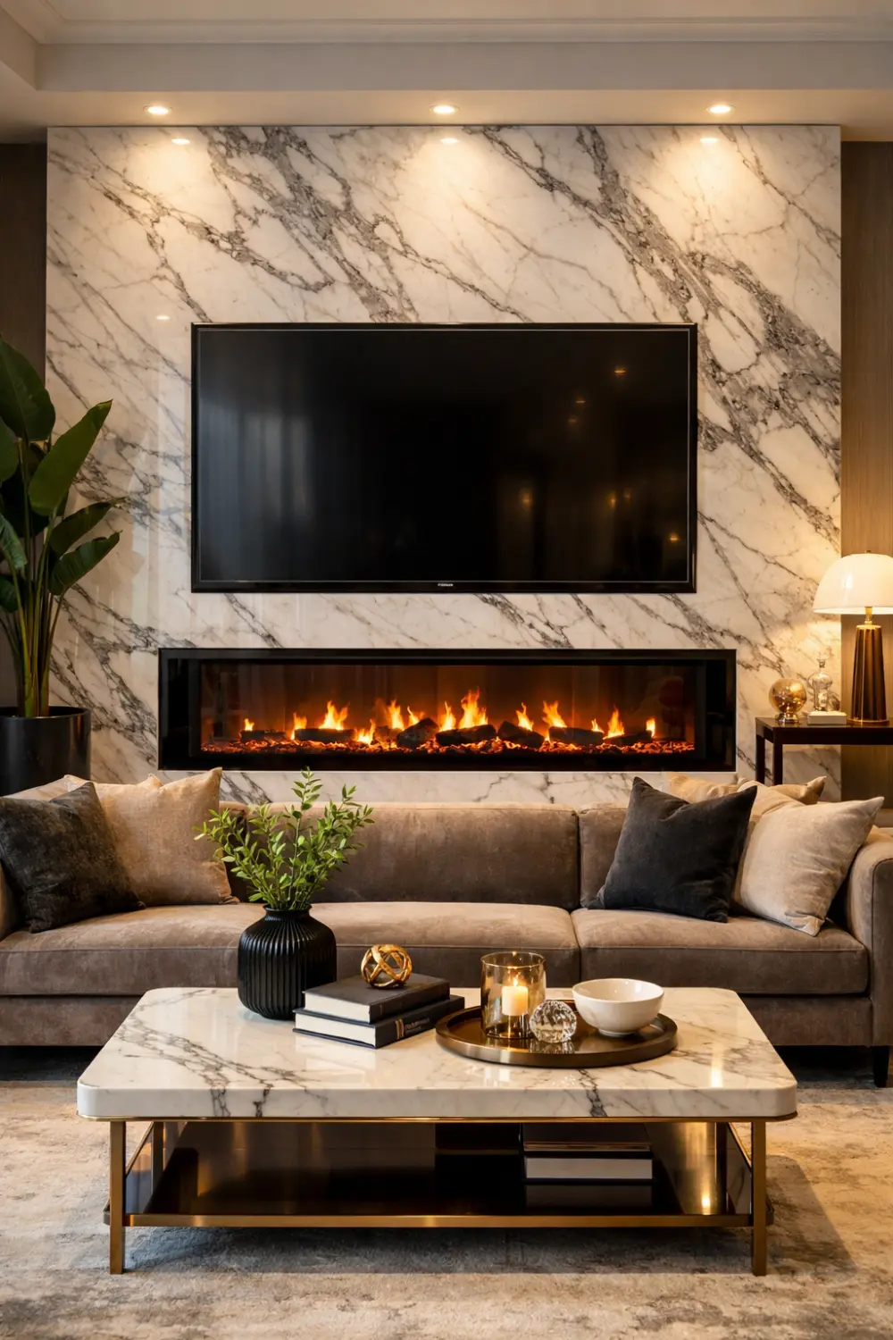 Luxury marble fireplace wall with electric fireplace and TV above in elegant living room with stylish decor.