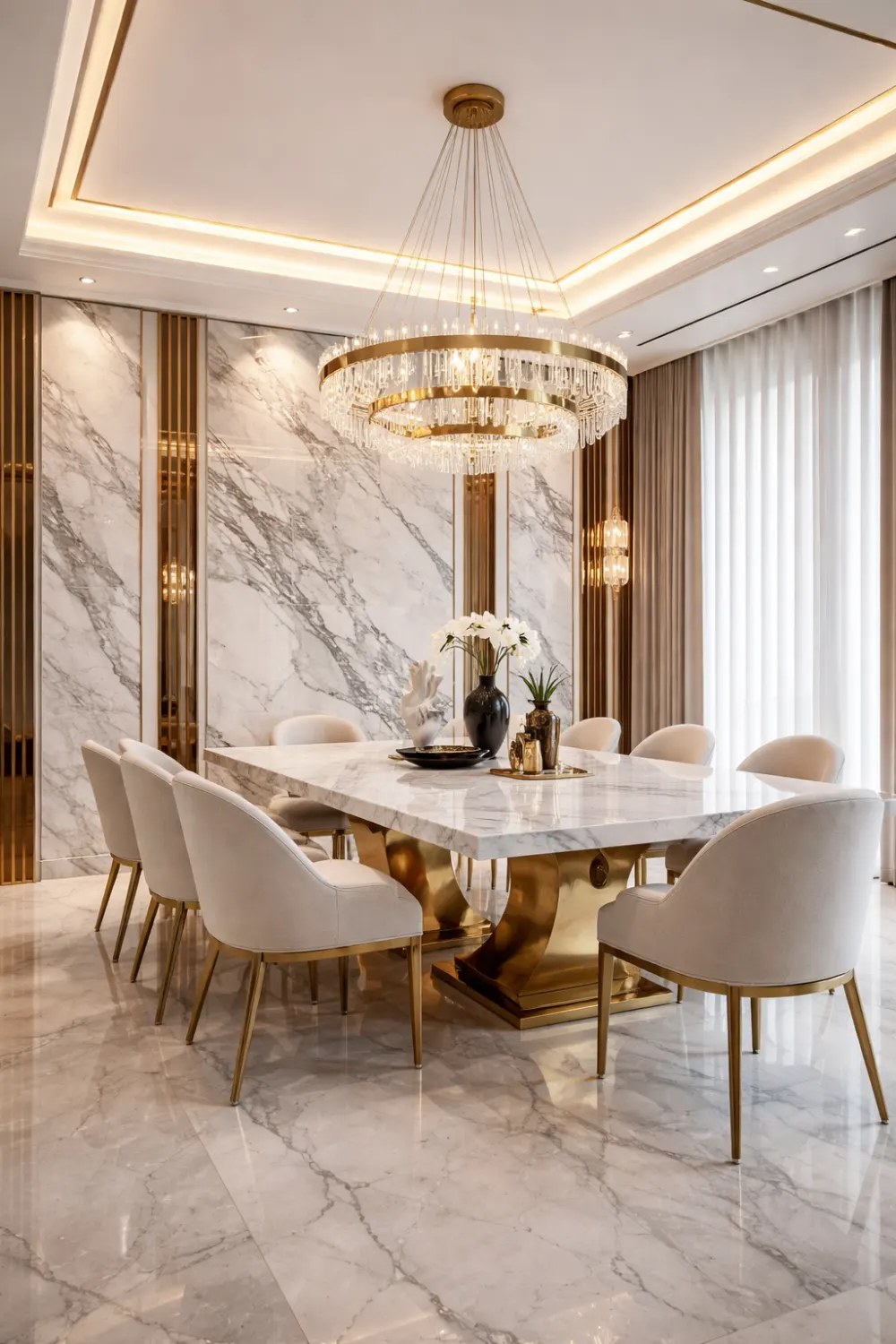 marble and gold luxury dining room with crystal chandelier marble walls elegant dining chairs and modern luxury decor