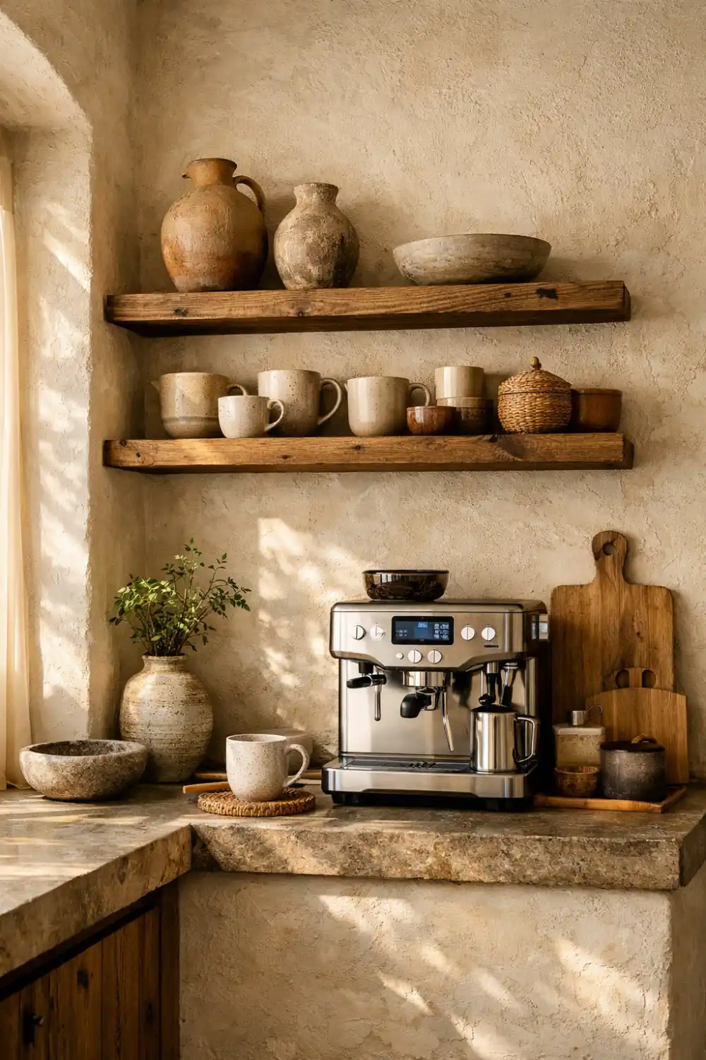 rustic coffee bar corner with wooden shelves pottery decor espresso machine cozy farmhouse coffee station