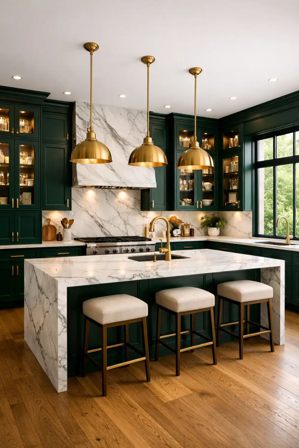 Elegant dark green kitchen with marble island, gold pendant lights, glass cabinets, and luxury modern kitchen interior.