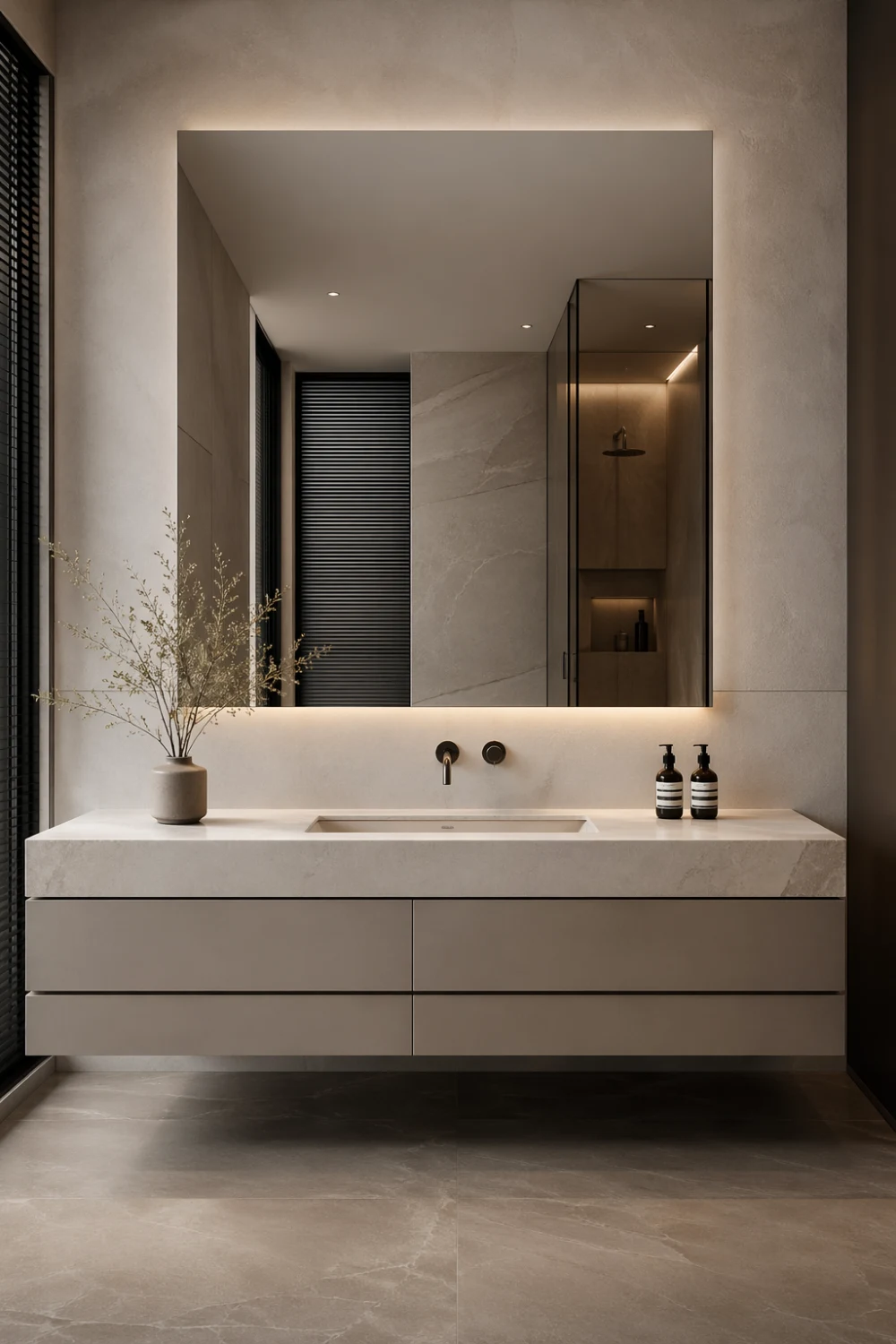 Minimal bathroom with under mirror LED strip lighting creating a floating vanity effect and soft ambient glow