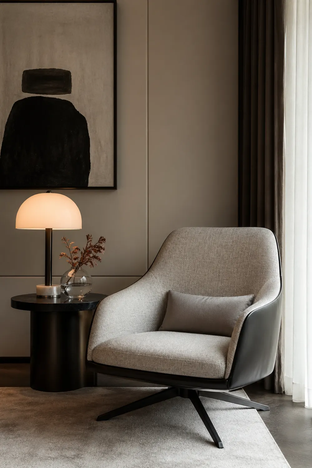 modern accent chair corner with side table lamp neutral tones minimal decor soft lighting stylish cozy interior design