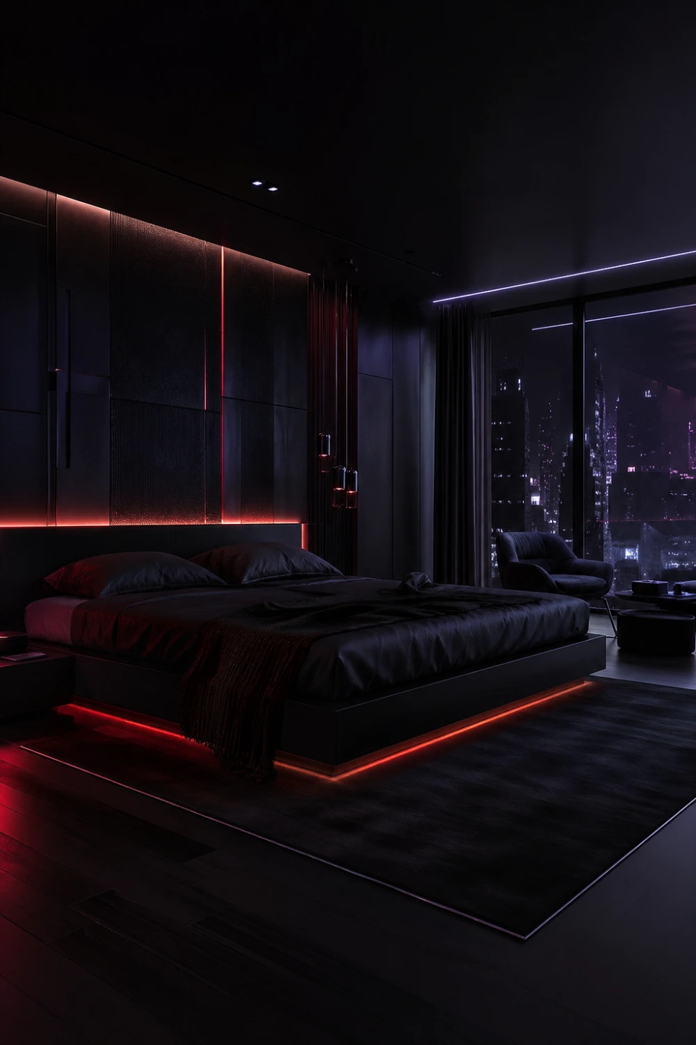 dark modern bedroom aesthetic with red LED lighting, tech noir style, black theme bedroom, futuristic lighting setup, moody aesthetic room decor ideas