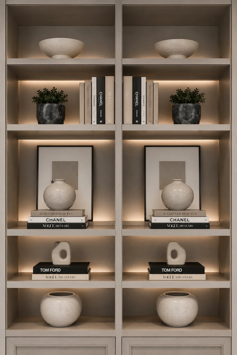 symmetrical bookshelf styling with perfectly balanced decor, neutral tones, soft built-in lighting, ceramic vases, modern luxury shelf design, high-end interior bookshelf inspiration