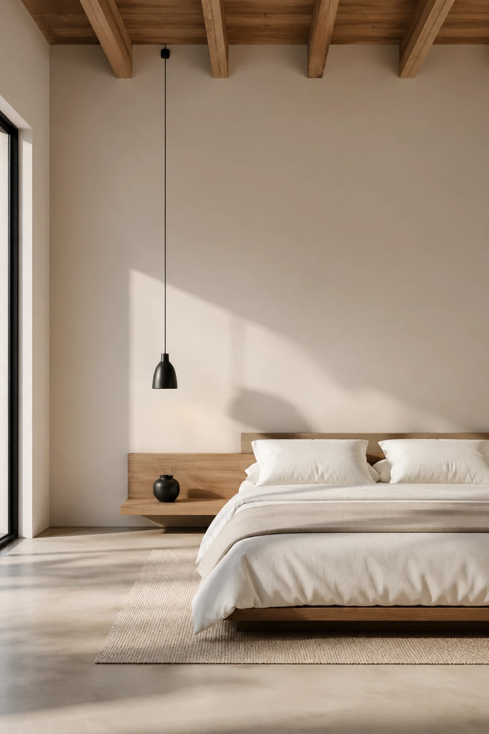 minimal modern farmhouse bedroom with low wooden bed, clean white walls, single black pendant light, floating wooden nightstand, neutral bedding, exposed ceiling beams, soft natural lighting, uncluttered design