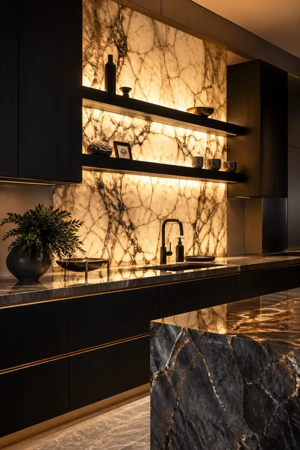 luxury kitchen with backlit marble backsplash, glowing stone slab with dramatic veining, warm LED lighting shining through, dark cabinetry contrast, modern high end kitchen design with statement lighting