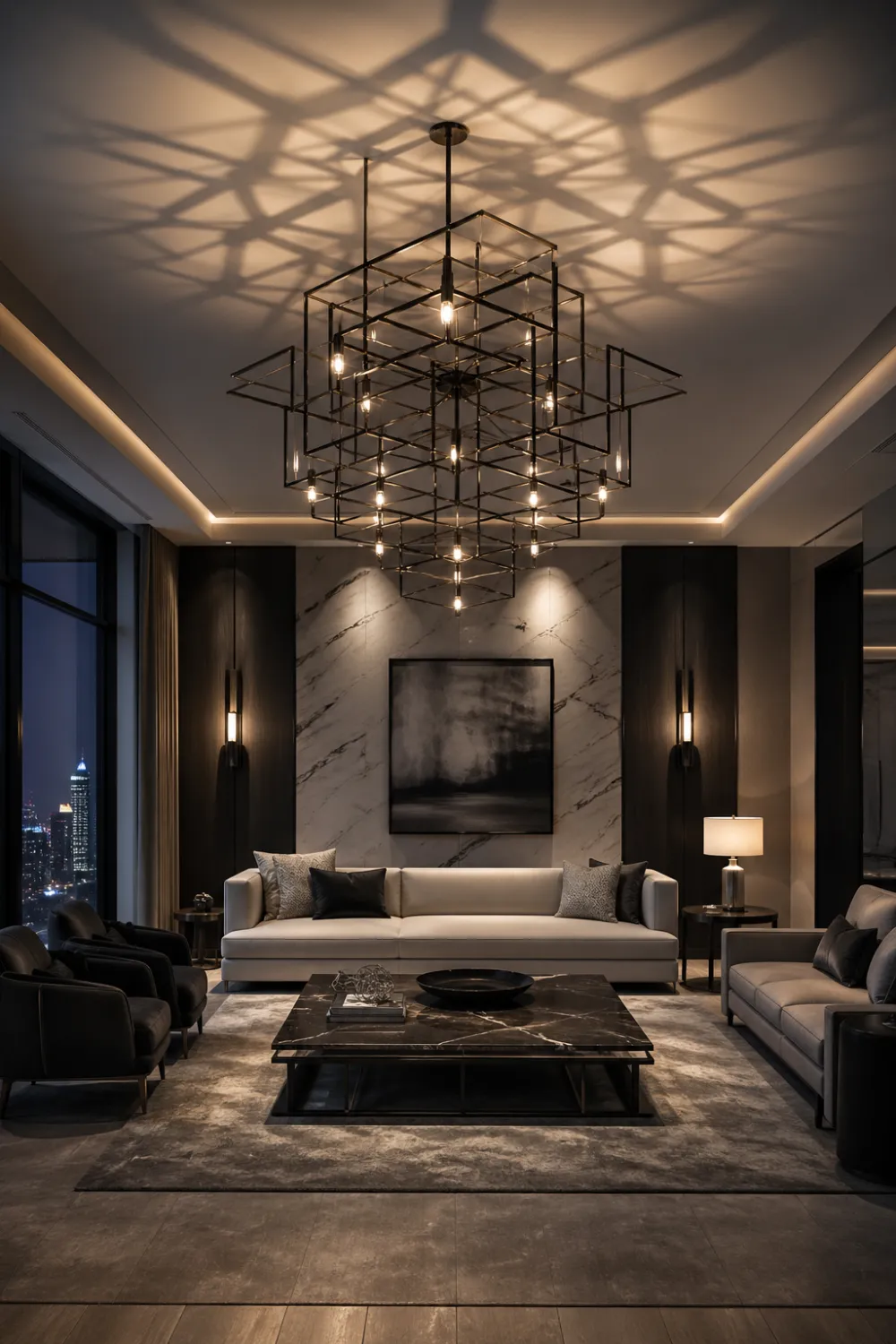modern living room with geometric chandelier, dramatic lighting shadows, neutral sofa, marble wall, dark tones, luxury contemporary interior design