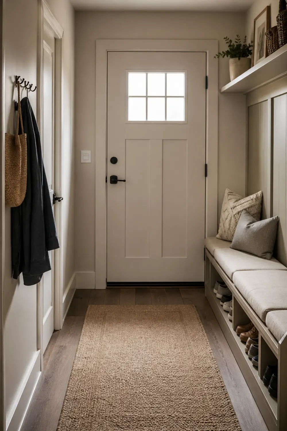 small entryway with built in bench and hidden shoe storage, neutral tones, soft cushions, organized narrow hallway design, functional small entrance hall setup with clean and cozy look