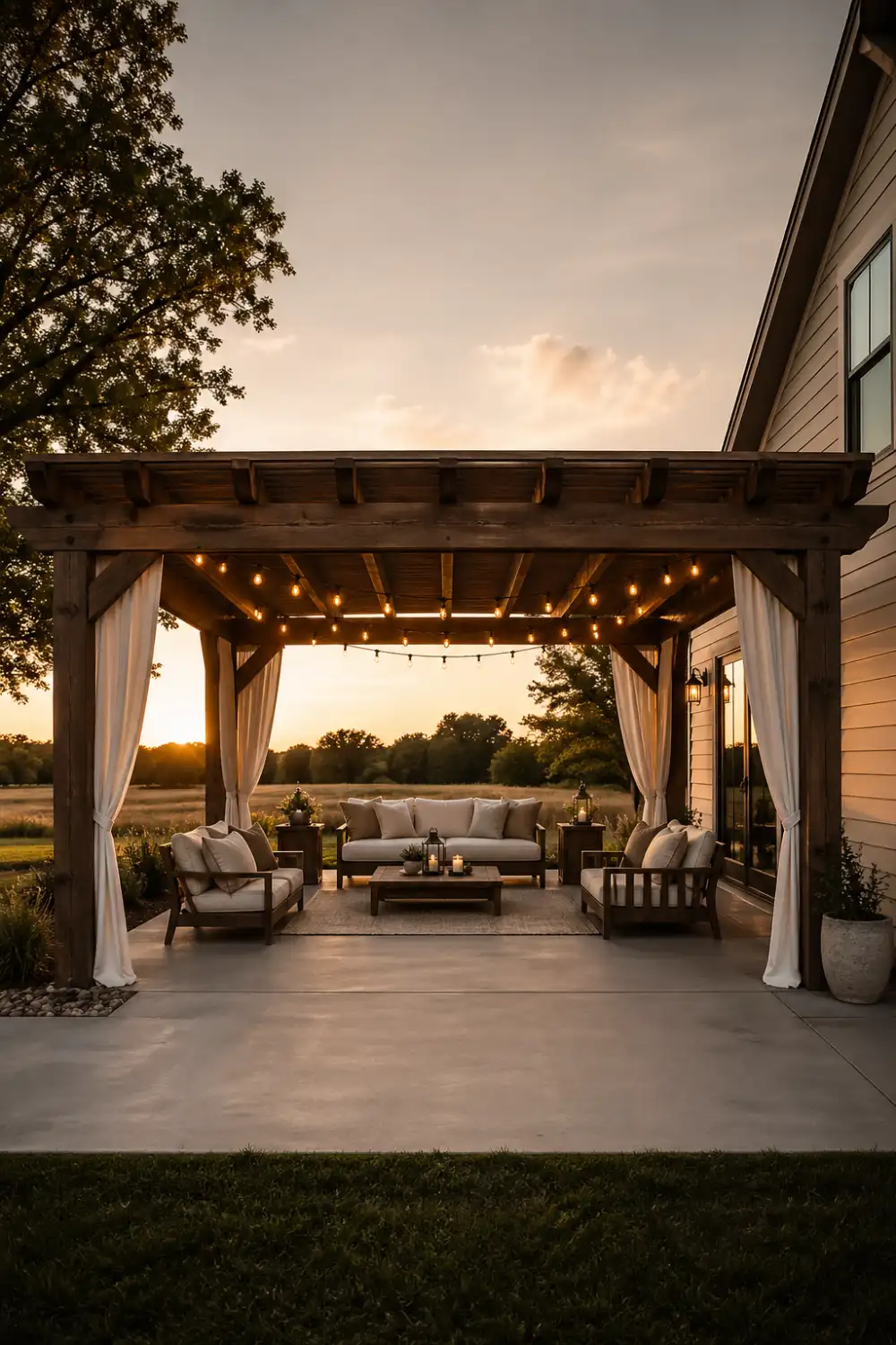 wooden pergola patio with curtains and string lights, outdoor sofa and chairs, cozy seating area on concrete slab, structured backyard design, warm sunset lighting, modern outdoor room setup