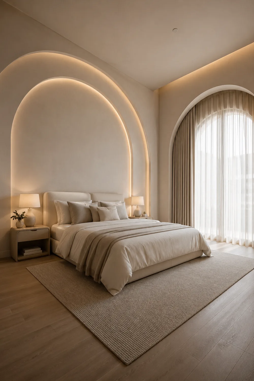 Modern arched accent wall bedroom with soft backlighting, curved design, side window with curtains, neutral tones, and warm ambient lighting