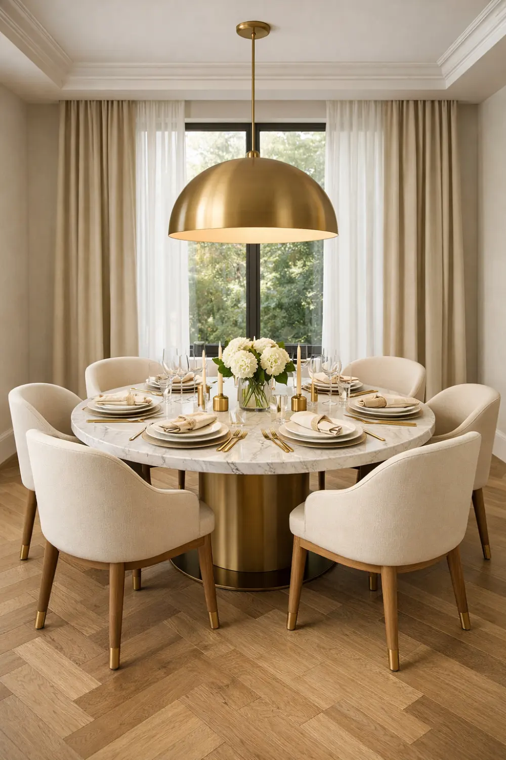 round dining table with curved chairs and elegant modern table setting
