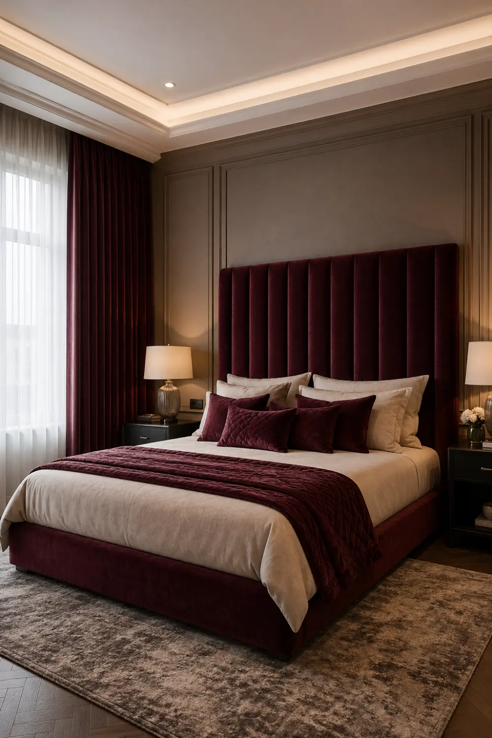 deep burgundy velvet bedroom design, tall padded headboard in burgundy, matching cushions and throw, neutral bedding contrast, warm bedside lamps, soft curtains, cozy and moody luxury bedroom, textured rug, elegant and balanced interior setup