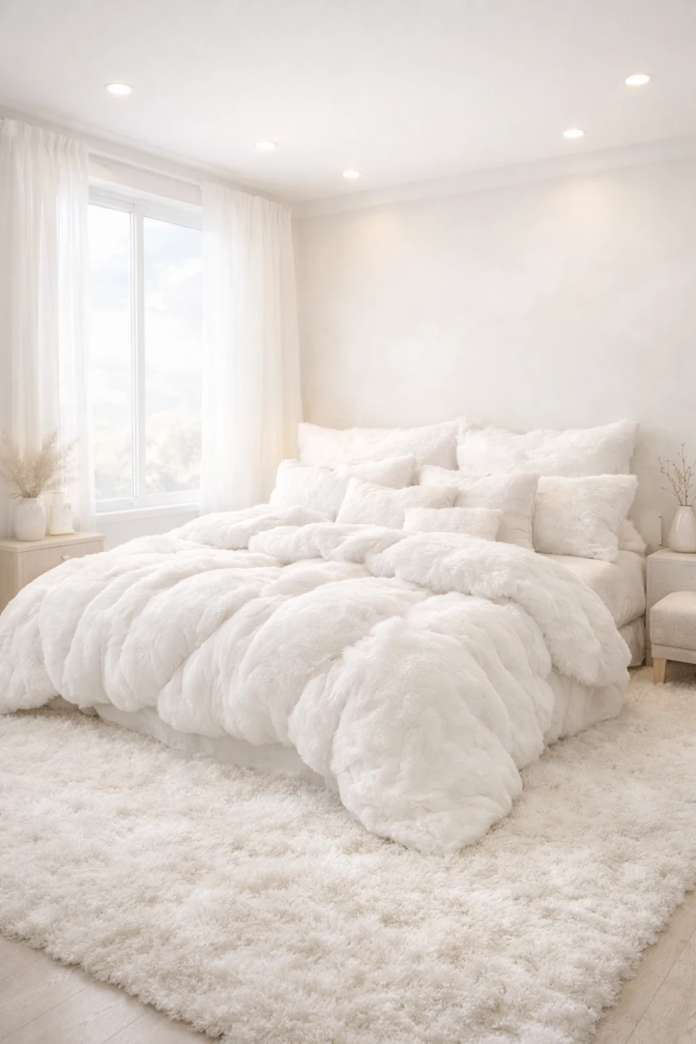 soft white fluffy bedding bedroom cloud aesthetic cozy minimal dreamy room
