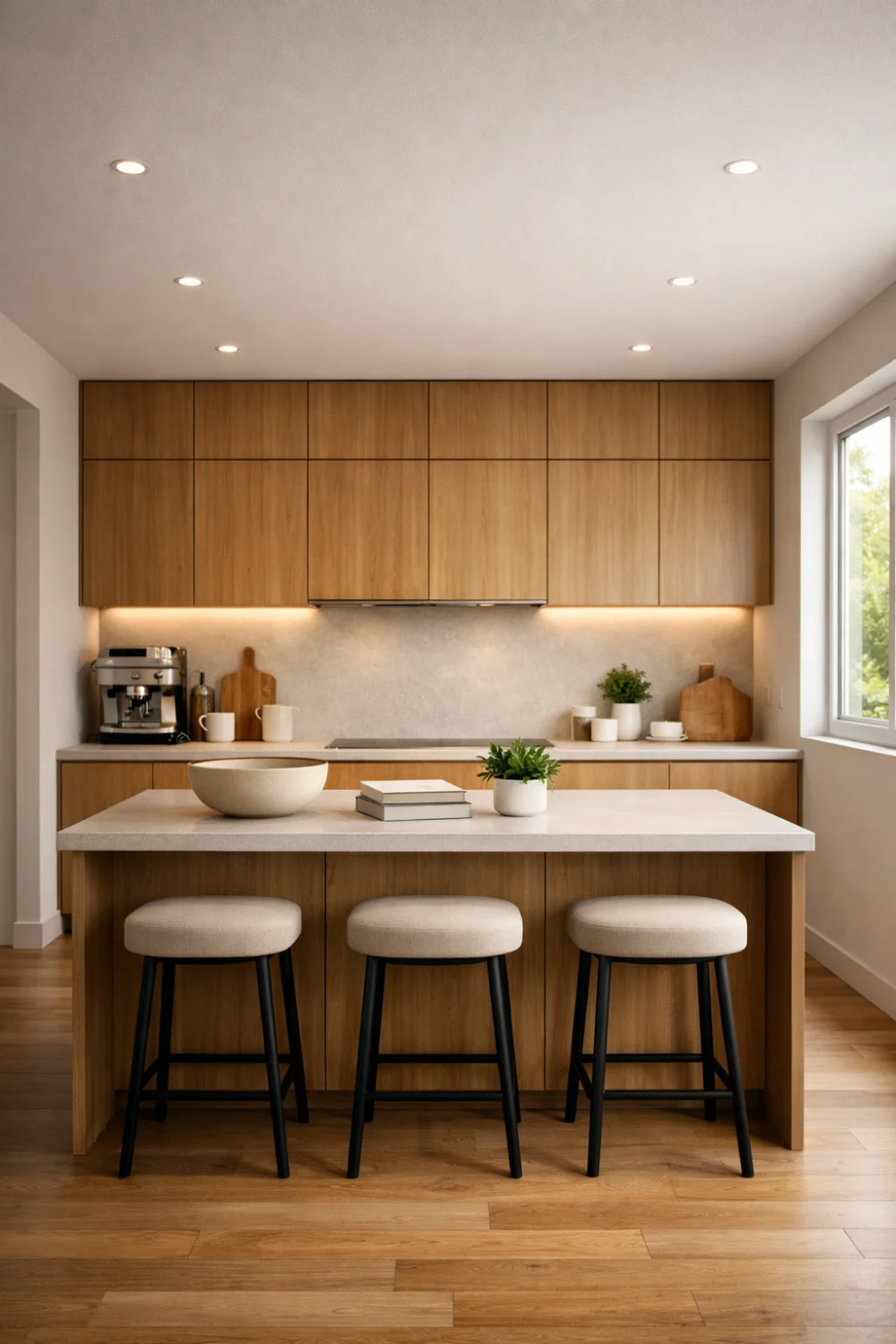 Minimal flat panel wood kitchen with clean lines, modern cabinets, neutral tones, simple decor and soft lighting
