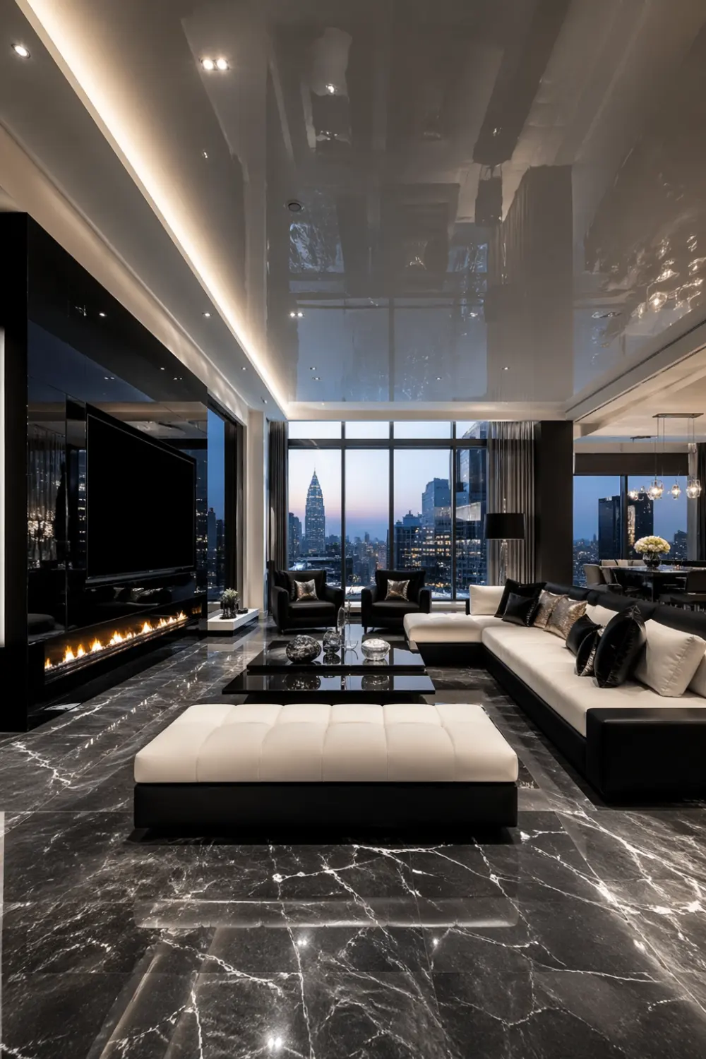 modern luxury living room with high gloss reflective ceiling, city view windows, black and white interior, marble flooring, sleek modern ceiling design
