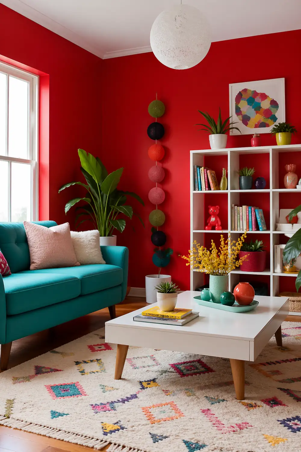 bright cherry red walls colorful living room teal sofa plants white shelf playful decor vibrant modern interior