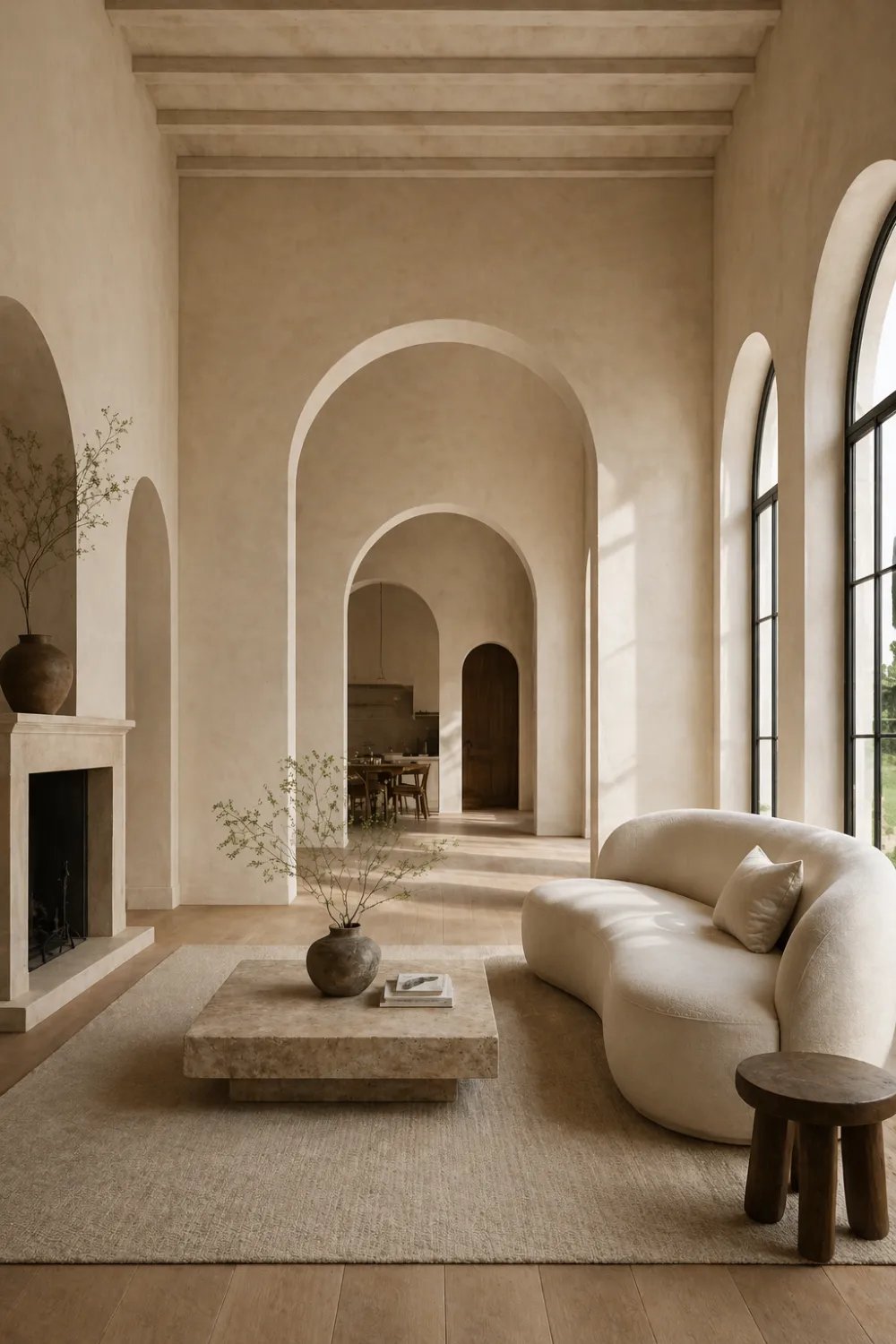 French country living room with arched doorways, plaster walls, curved sofa, stone table and soft neutral palette