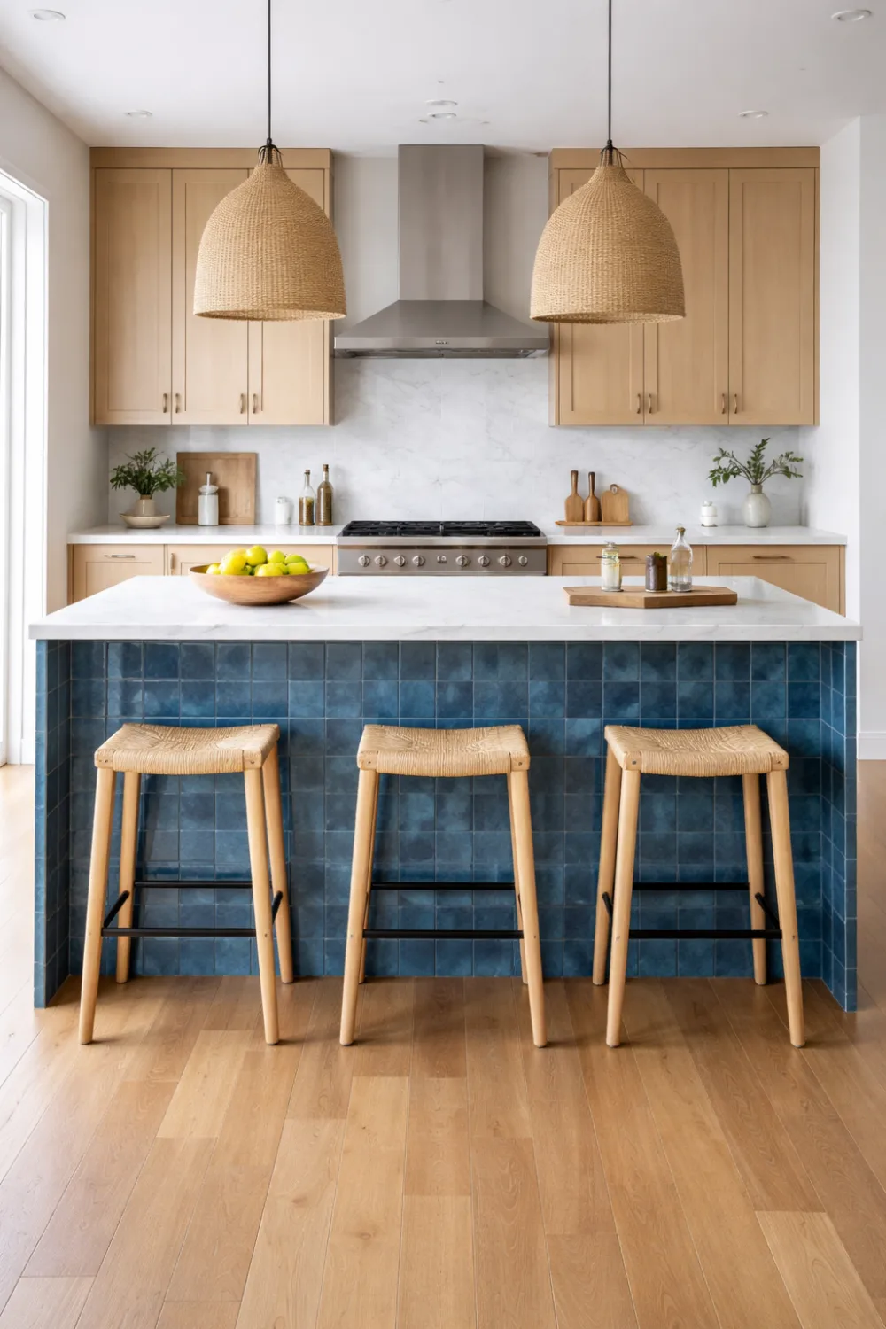 blue zellige kitchen island with wooden stools and modern kitchen design