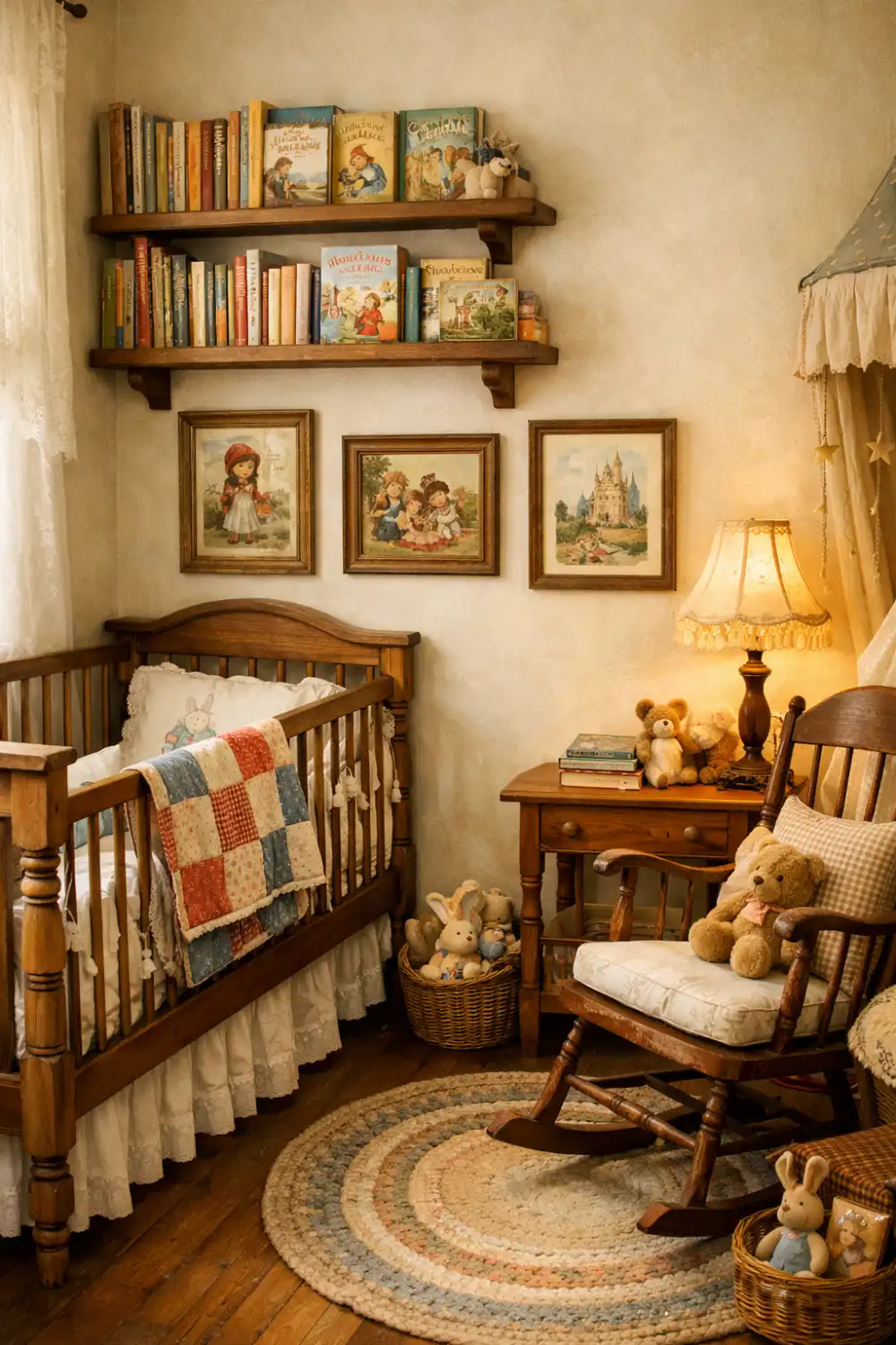 Vintage storybook nursery decor with wooden crib, classic children’s books shelves, framed story illustrations, rocking chair, and warm cozy lighting.