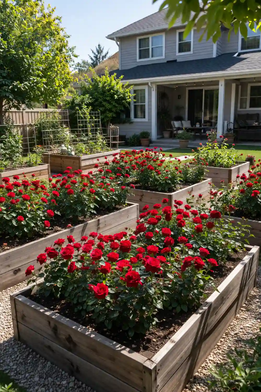 Raised wooden garden beds filled with blooming red roses arranged in a neat backyard garden layout beside a modern home patio.