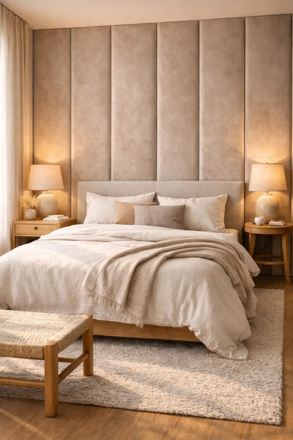 Luxury bedroom interior with tall upholstered fabric wall panels behind the bed, soft padded panels in neutral beige tones creating a cozy hotel style wall design with elegant lighting and warm decor.