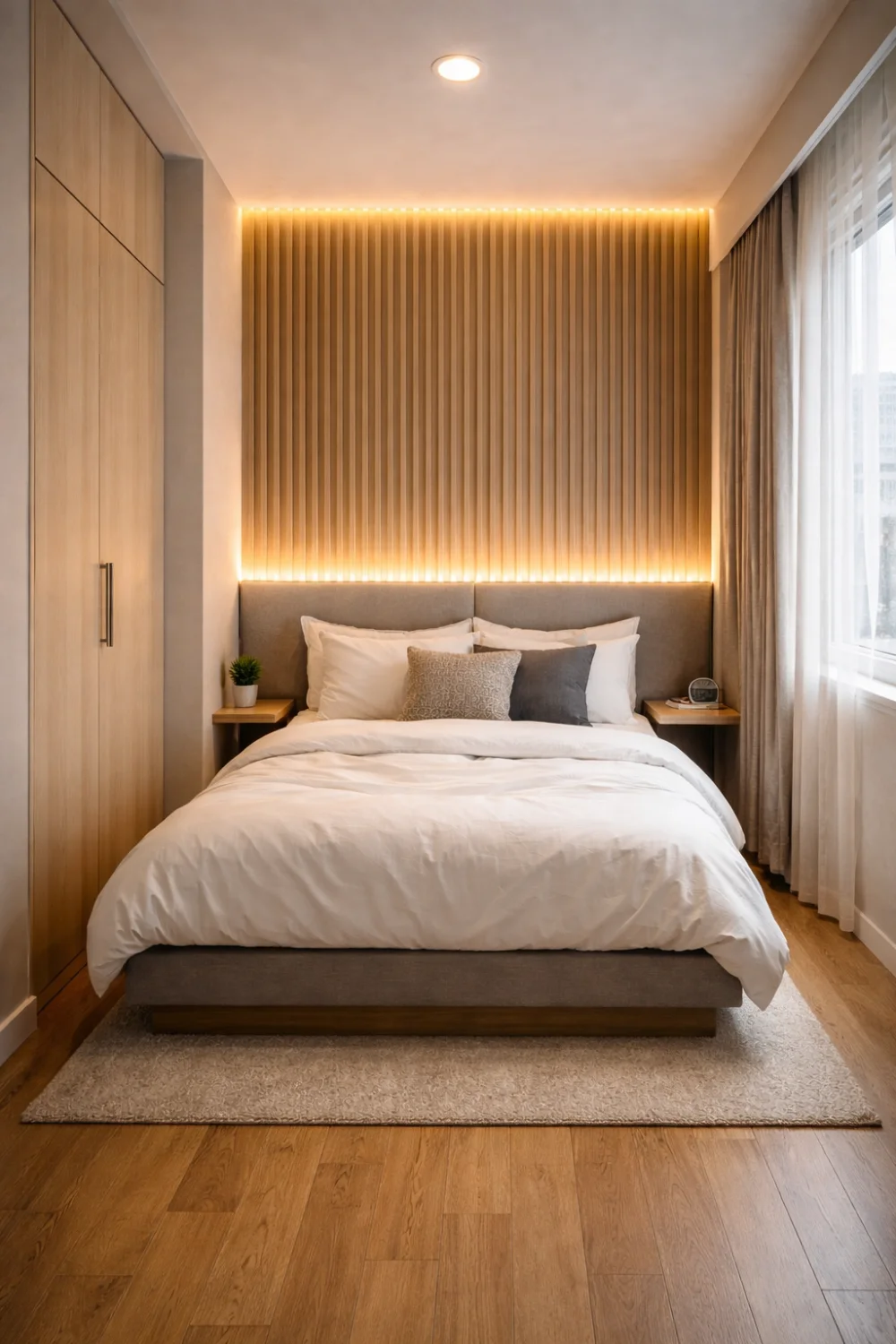 tiny bedroom with wood slat accent wall and warm LED lighting modern small bedroom decor