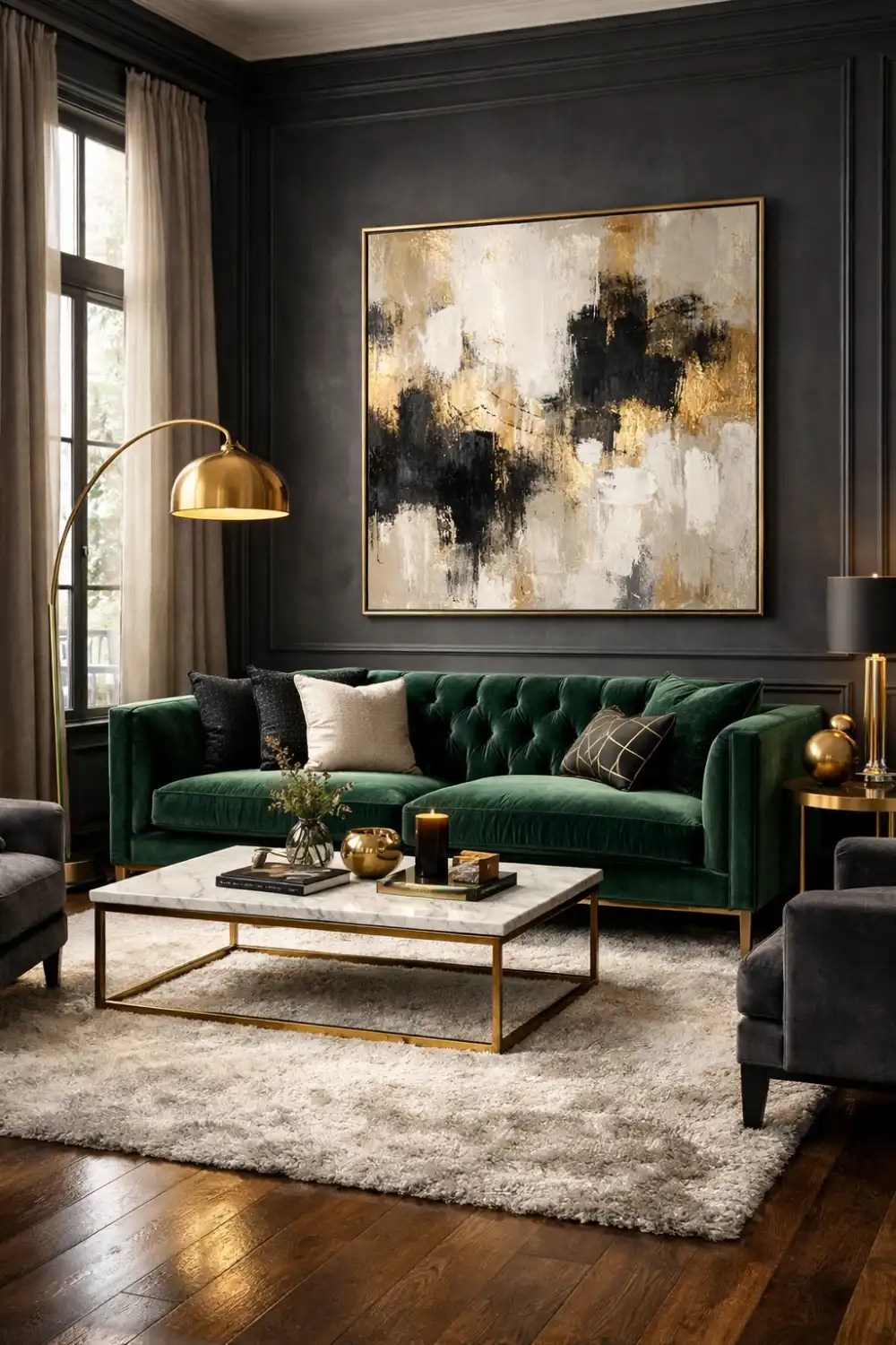 emerald velvet sofa dark living room luxury gold accents modern moody living room decor elegant interior design inspiration